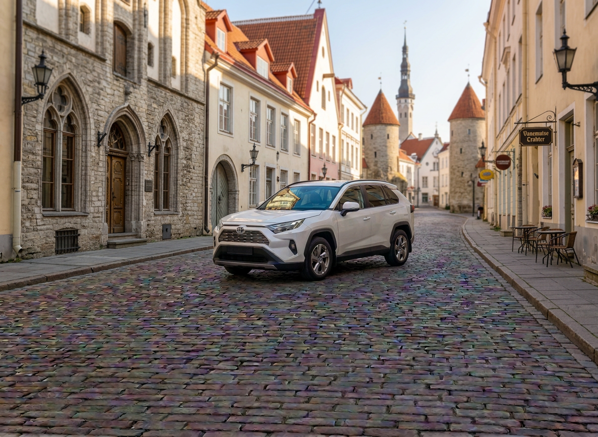 White Toyota SUV on cobblestone street with historic buildings